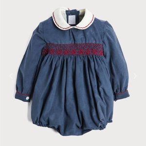 Pepa London Handsmocked Peter Pan Collar Romper in Blue - 18 months